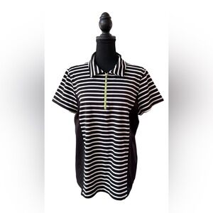 Weekend’s by Chico’s: Black and White Striped Polo Shirt with Green Accent